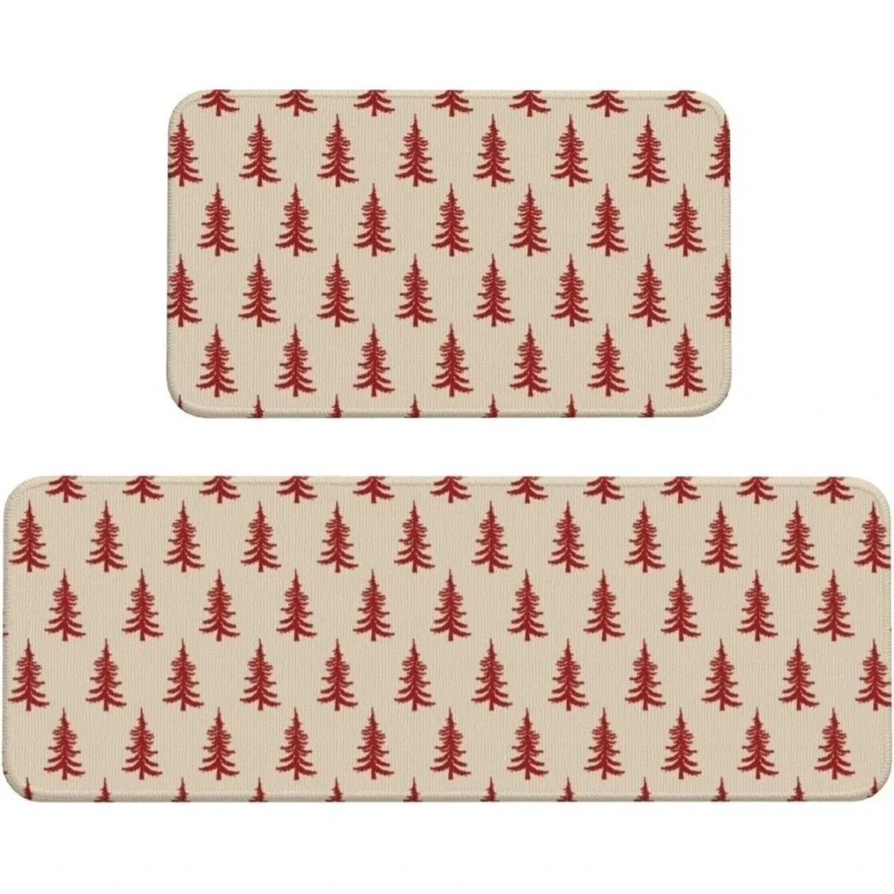 Christmas Kitchen Mat Set Of 2 With Red Christmas Trees White Christmas Mat Set